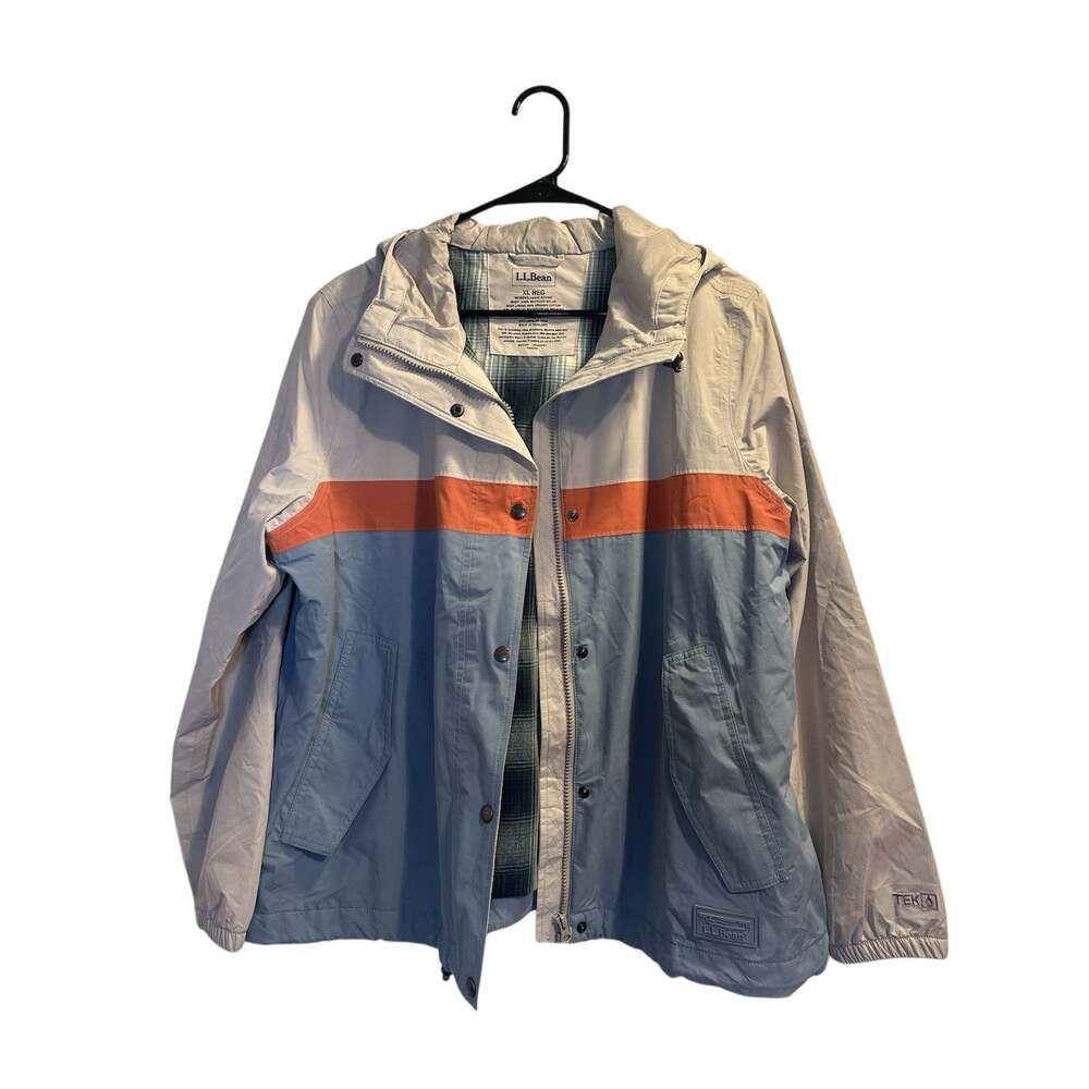 L.L.Bean Women’s XL Hooded Colorblock Jacket Blue Orange Plaid Lined TEK